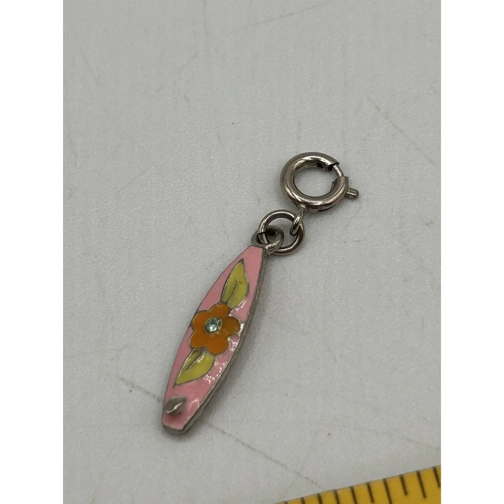 Vintage Silver &‎ Enamel Surfboard Charm W/ Flowers Floral Design